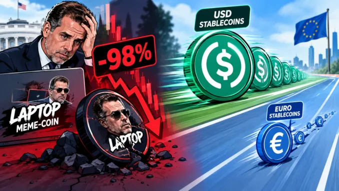 Laptop-Meme-Coin-Ethereum-Bitcoin-Euro-Dollar-Stablecoins